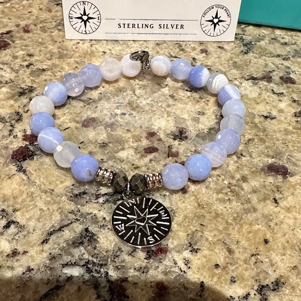 T. Jazelle Sky Blue Agate Bracelet Set - 6mm and 8mm Bracelet with Charm
